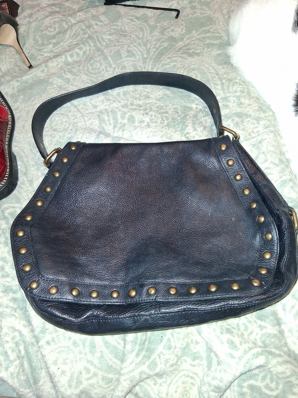 Kate Landry Stud-Trim Black Leather Slouchy Shoulder Bag